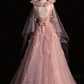 Rosa A-Linie Tüll Blumen Langes Abendkleid MD7827