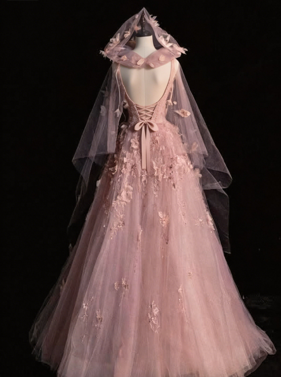 Rosa A-Linie Tüll Blumen Langes Abendkleid MD7827