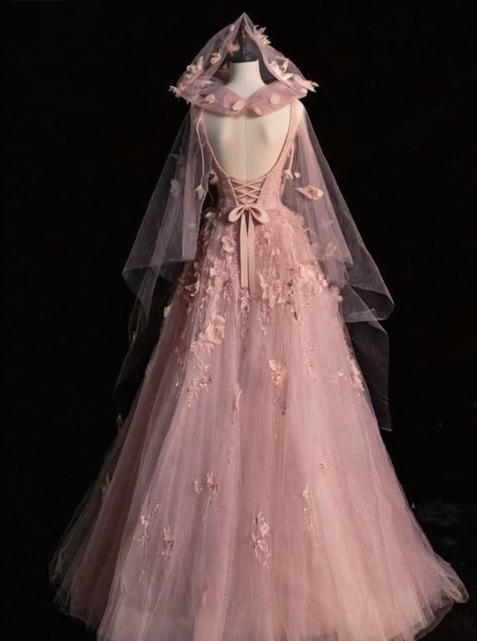 Pink Straps A-Line Tulle Floral Long Formal Evening Gown MD7827