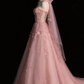 Rosa A-Linie Tüll Blumen Langes Abendkleid MD7827