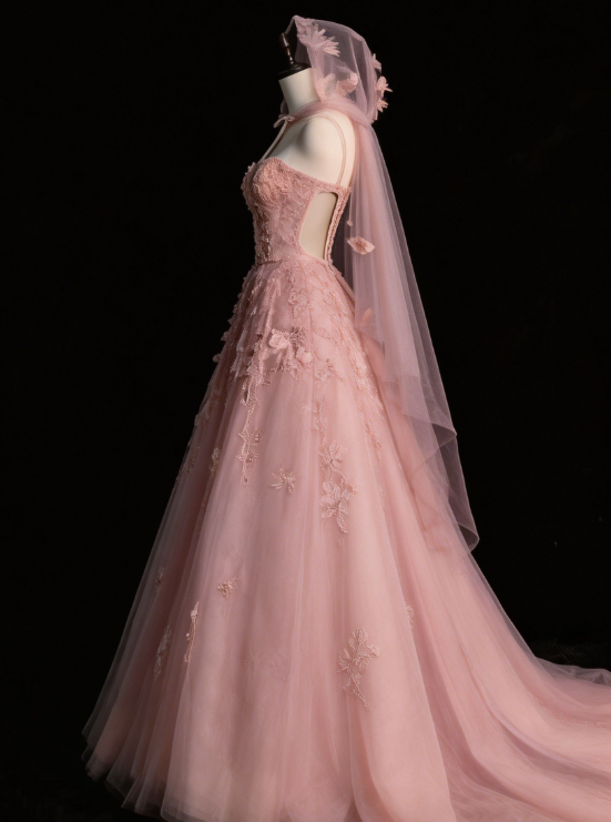 Rosa A-Linie Tüll Blumen Langes Abendkleid MD7827