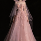 Rosa A-Linie Tüll Blumen Langes Abendkleid MD7827