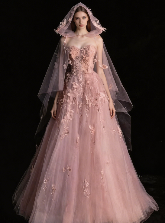 Rosa A-Linie Tüll Blumen Langes Abendkleid MD7827