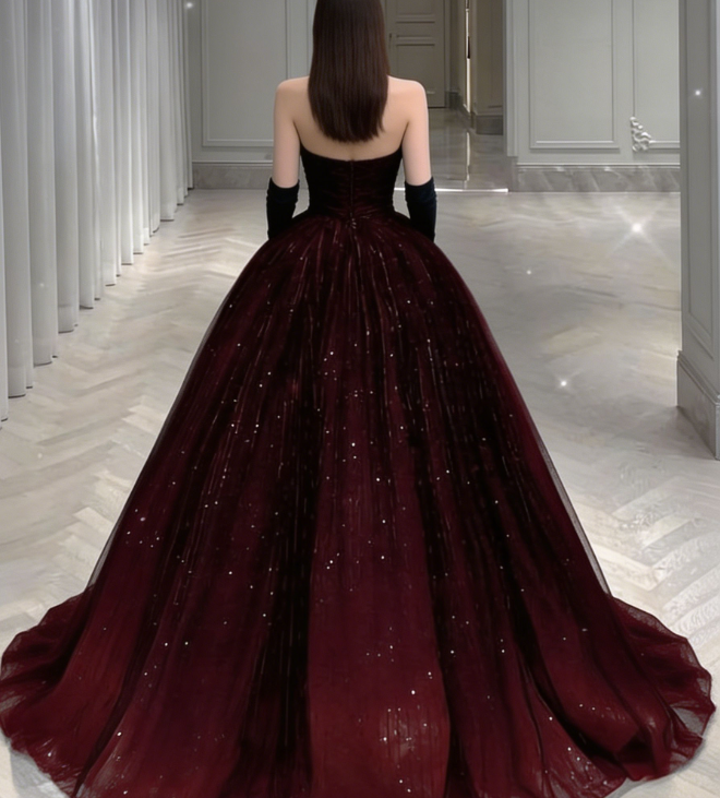 Stunning Burgundy Strapless A-Line Tulle Long Prom Dress Birthday Gown MD7779
