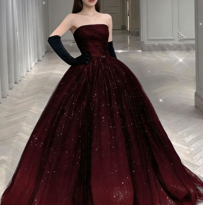 Stunning Burgundy Strapless A-Line Tulle Long Prom Dress Birthday Gown MD7779