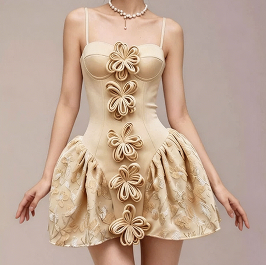 Charming Homecoming Dress Spaghetti Strap Pleated Flower Back to School Outfits Party Dress  D7371