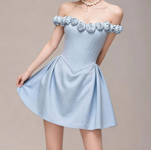 Charming Homecoming Dress Off the Shoulder Pleated Flower Back to School Outfits Party Dress  D7384