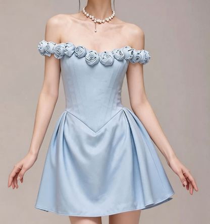 Charming Homecoming Dress Off the Shoulder Pleated Flower Back to School Outfits Party Dress  D7384