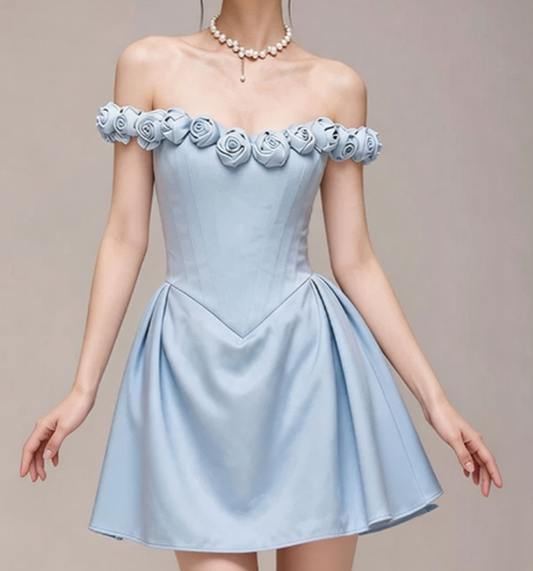Charming Homecoming Dress Off the Shoulder Pleated Flower Back to School Outfits Party Dress  D7384
