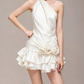 Charming Homecoming Dress Halter Pleated Flower Cascade Back to School Outfits Party Dress  D7385