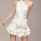 Charming Homecoming Dress Halter Pleated Flower Cascade Back to School Outfits Party Dress  D7385