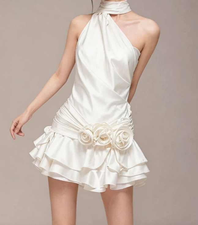 Charming Homecoming Dress Halter Pleated Flower Cascade Back to School Outfits Party Dress  D7385