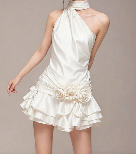 Charming Homecoming Dress Halter Pleated Flower Cascade Back to School Outfits Party Dress  D7385