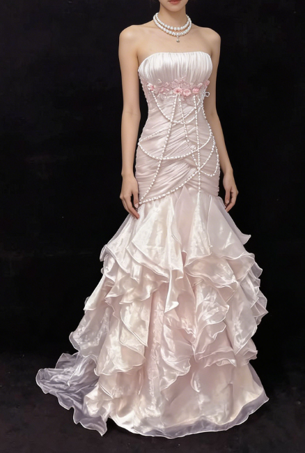 Pretty Prom Dress Strapless Pearl Pleated Cascade Flower Formal Dresses Evening Dress Gala Gown  D7386
