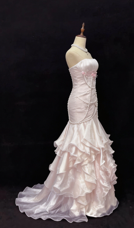 Pretty Prom Dress Strapless Pearl Pleated Cascade Flower Formal Dresses Evening Dress Gala Gown  D7386