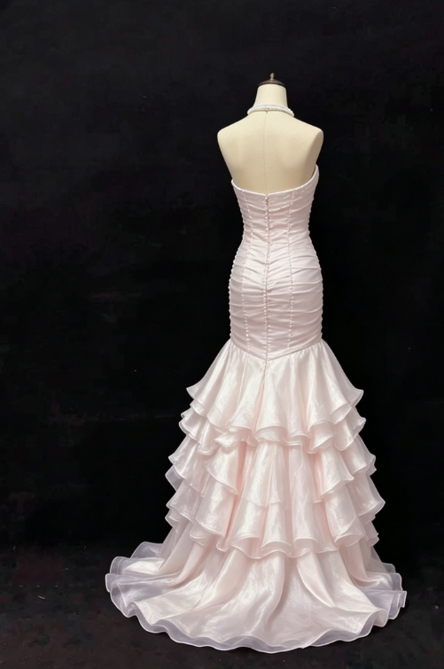 Pretty Prom Dress Strapless Pearl Pleated Cascade Flower Formal Dresses Evening Dress Gala Gown  D7386