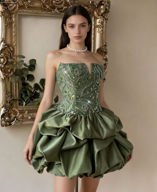 Charming Homecoming Dress Strapless Pleated Cascade Applique Back to School Outfits Party Dress  D7395