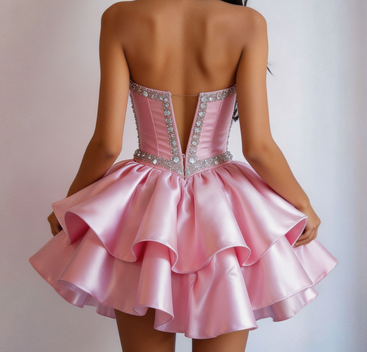 Charming Homecoming Dress V Neck Pleated Cascade Pearl Rinestone Sequins Back to School Outfits Party Dress  D7397