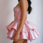 Charming Homecoming Dress V Neck Pleated Cascade Pearl Rinestone Sequins Back to School Outfits Party Dress  D7397