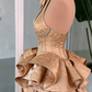Chic Homecoming Dress Halter Pleated Cascade Bowknot Back to School Outfits Party Dress  D7399