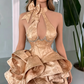 Chic Homecoming Dress Halter Pleated Cascade Bowknot Back to School Outfits Party Dress  D7399