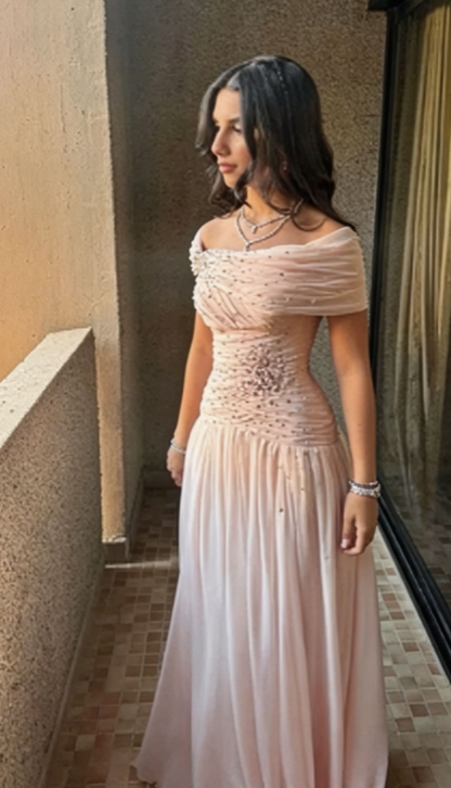 Chic Off The Shoulder Pleated Beaded Long Party Dress Prom Gown Evening Dress D7404