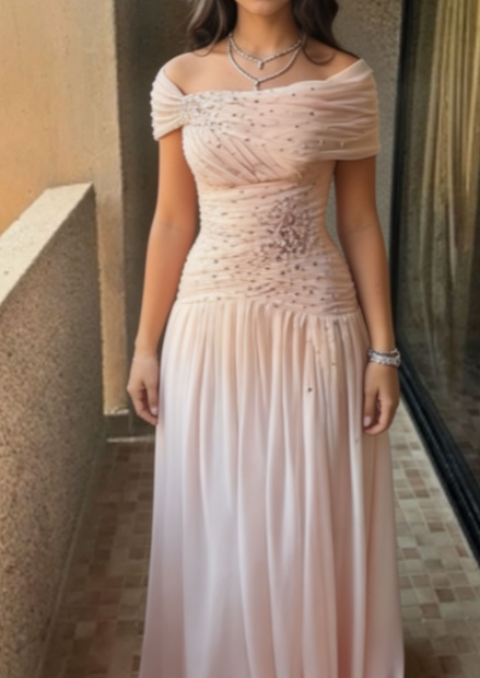 Chic Off The Shoulder Pleated Beaded Long Party Dress Prom Gown Evening Dress D7404