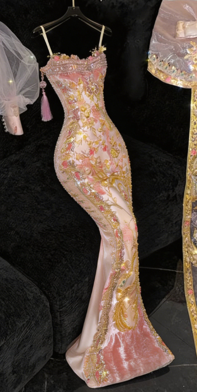 Chic Spaghetti Strap Embroidery Tulle Sequins Hugging Long Party Dress Prom Gown Evening Dress D7406