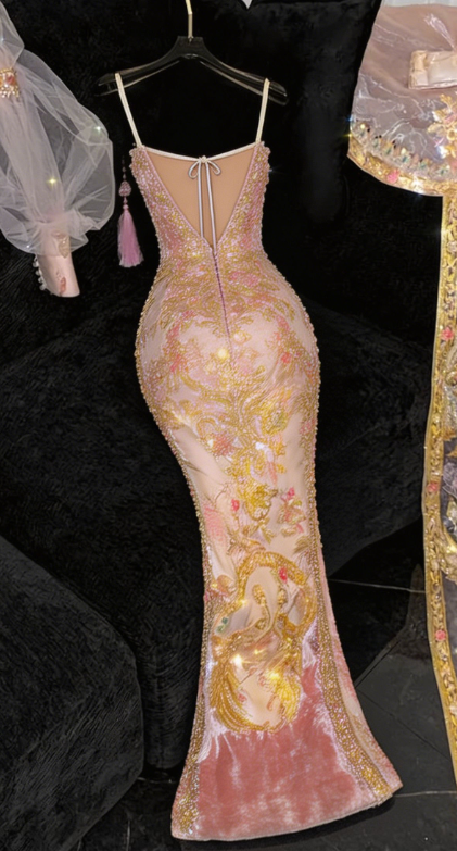 Chic Spaghetti Strap Embroidery Tulle Sequins Hugging Long Party Dress Prom Gown Evening Dress D7406
