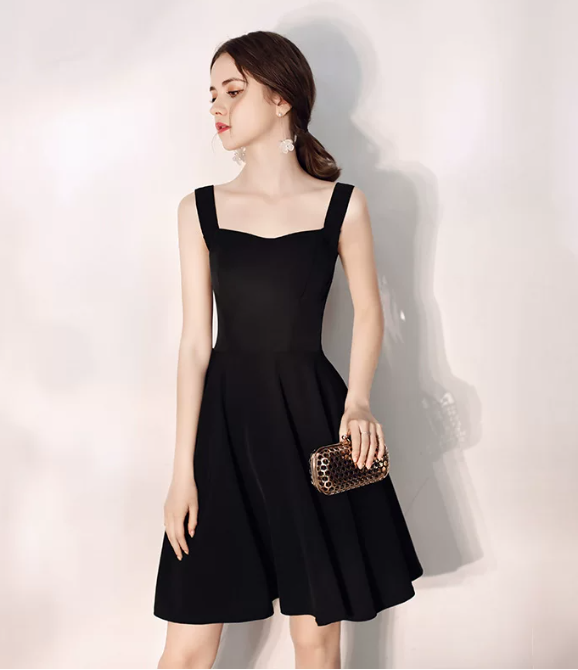 Nice Homecoming Dress Spaghetti Strap Black Pleated Back to School Outfits Party Dress D7443
