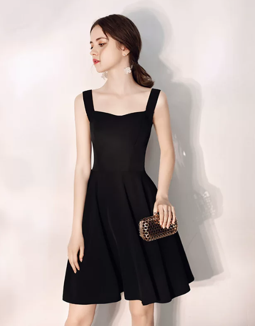 Nice Homecoming Dress Spaghetti Strap Black Pleated Back to School Outfits Party Dress D7443