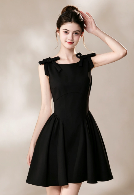 Nice Homecoming Dress Jewel Black Bowknot Pleated Back to School Outfits Party Dress D7444