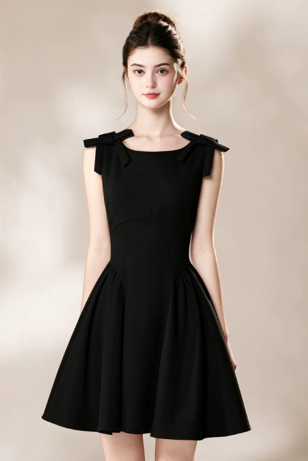 Nice Homecoming Dress Jewel Black Bowknot Pleated Back to School Outfits Party Dress D7444