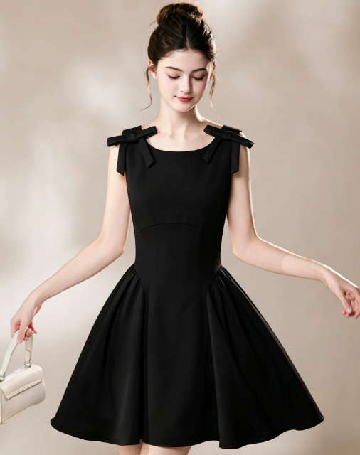 Nice Homecoming Dress Jewel Black Bowknot Pleated Back to School Outfits Party Dress D7444