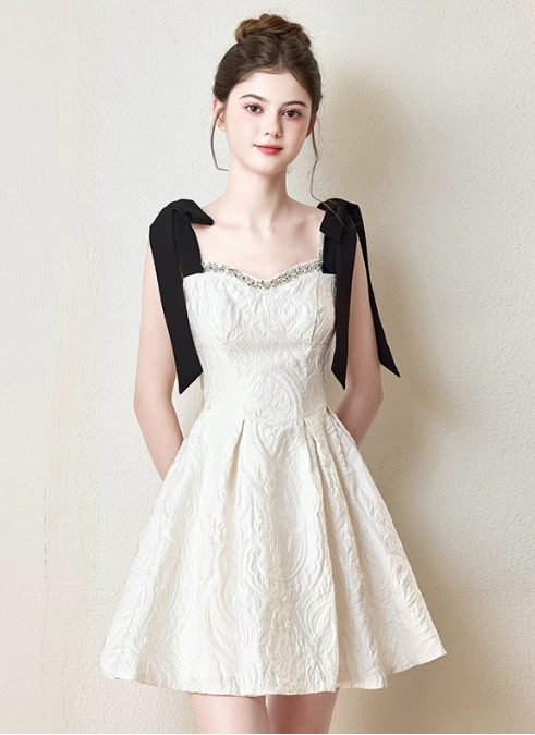 Nice Homecoming Dress Spaghetti Strap Bowknot Pleated Back to School Outfits Party Dress D7445