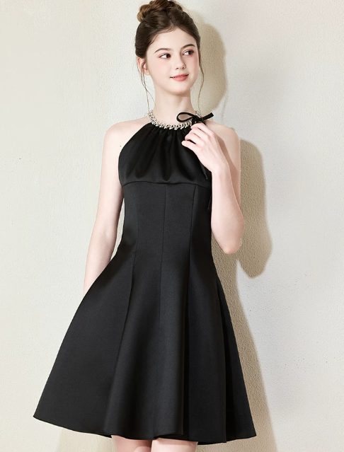 Nice Homecoming Dress Halter Bead Bowknot Pleated Back to School Outfits Party Dress D7446