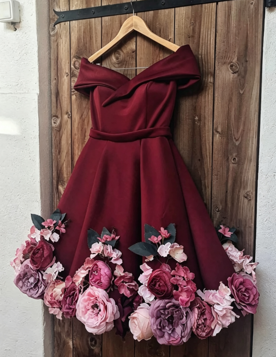 Unique Homecoming Dress Off the Shoulder 3D Flowers Back to School Outfits Party Dress D7627