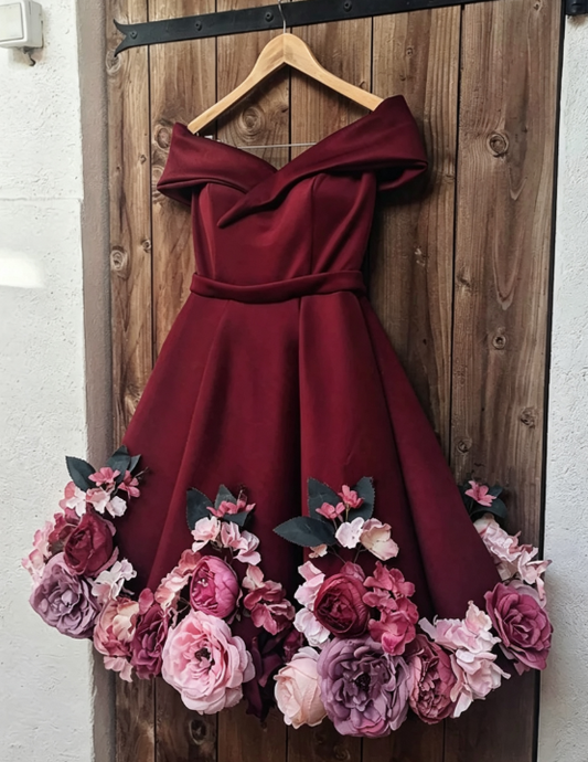 Unique Homecoming Dress Off the Shoulder 3D Flowers Back to School Outfits Party Dress D7627