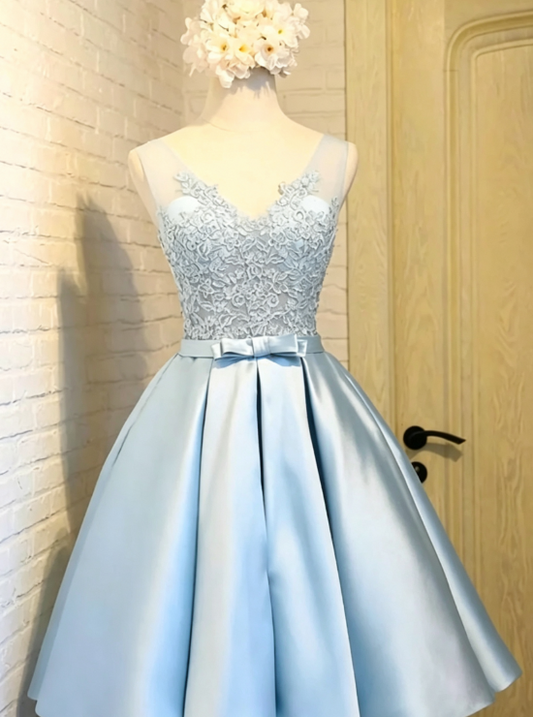 Unique Homecoming Dress V Neck Applique Bowknot Tulle Back to School Outfits Party Dress D7632