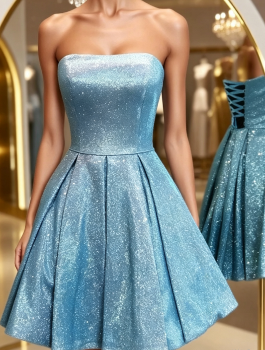 Unique Homecoming Dress Strapless Sequins Pleated Back to School Outfits Party Dress  D7685