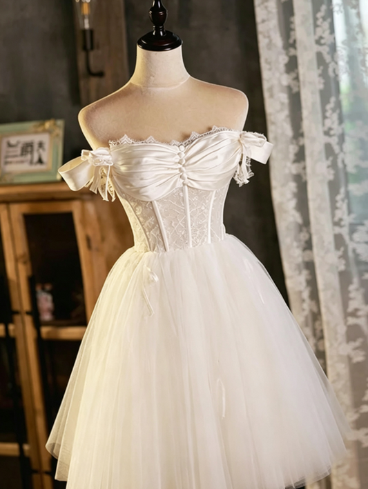 Unique Homecoming Dress Off the Shoulder Lace Tulle Bowknot Back to School Outfits Party Dress  D7688