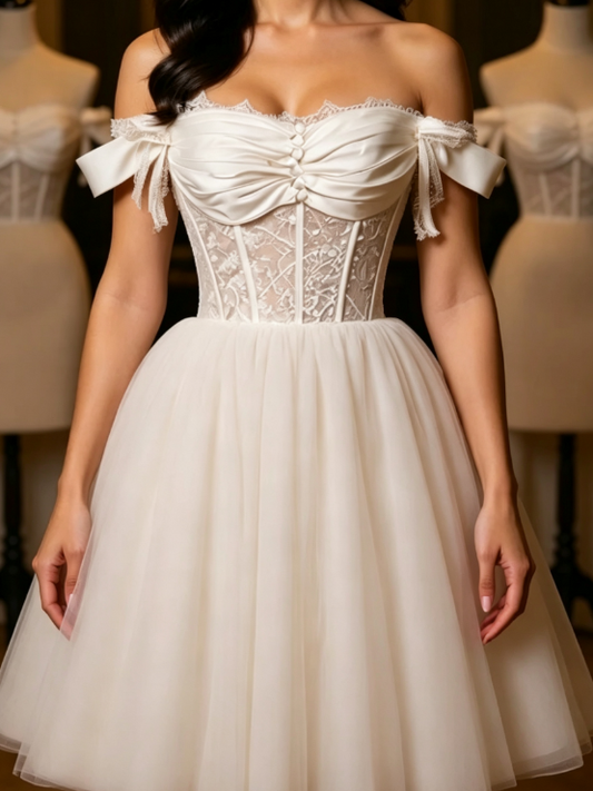 Unique Homecoming Dress Off the Shoulder Lace Tulle Bowknot Back to School Outfits Party Dress  D7688