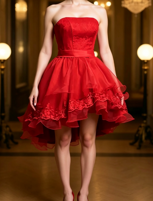 Unique Homecoming Dress Strapless Lace Tulle Cascade Hi-Lo Back to School Outfits Party Dress  D7689