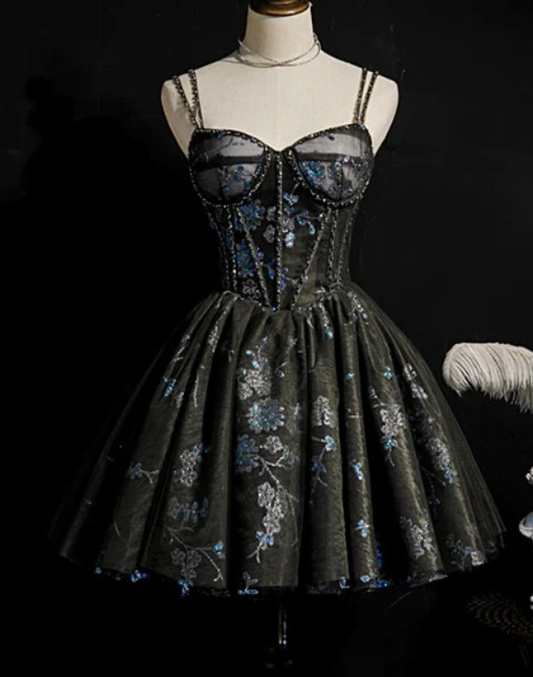 Unique Homecoming Dress Spaghetti Strap Lace Sweetheart Beaded Back to School Outfits Party Dress  D7707