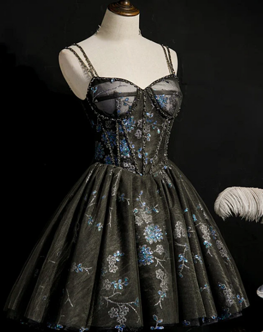 Unique Homecoming Dress Spaghetti Strap Lace Sweetheart Beaded Back to School Outfits Party Dress  D7707