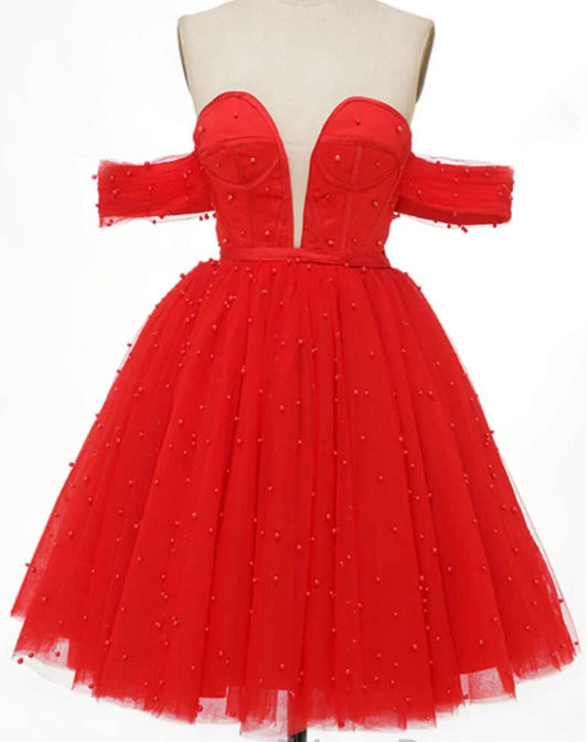 Unique Homecoming Dress Off the Shoulder Deep V Neck Beaded Back to School Outfits Party Dress  D7708