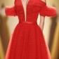 Unique Homecoming Dress Off the Shoulder Deep V Neck Beaded Back to School Outfits Party Dress  D7708