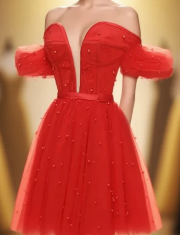 Unique Homecoming Dress Off the Shoulder Deep V Neck Beaded Back to School Outfits Party Dress  D7708