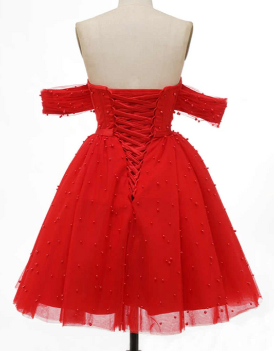 Unique Homecoming Dress Off the Shoulder Deep V Neck Beaded Back to School Outfits Party Dress  D7708