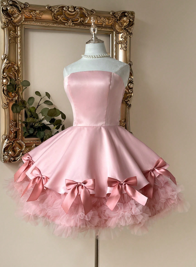 Unique Homecoming Dress Strapless Tulle Bowknot Cascade Back to School Outfits Party Dress  D7743